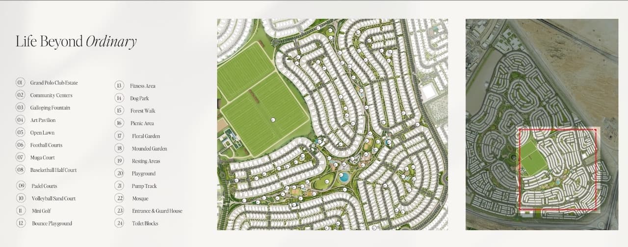 Grand Polo Club & Resort masterplan with 24 numbered amenities